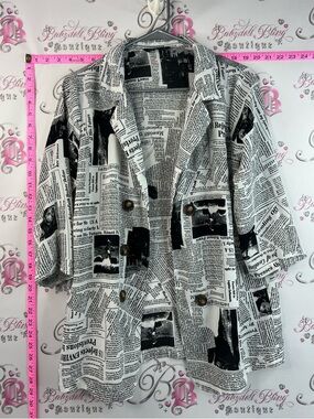 SHEIN blazer magazine Black & White Newspaper Print Double-Breasted Jacket